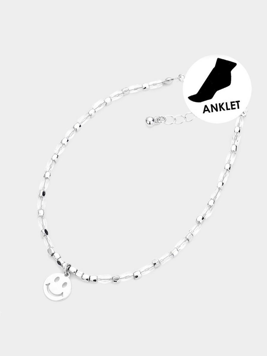 WONA TRADING INC - Metal Smile Charm Faceted Rectangle Beaded Anklet AK0102