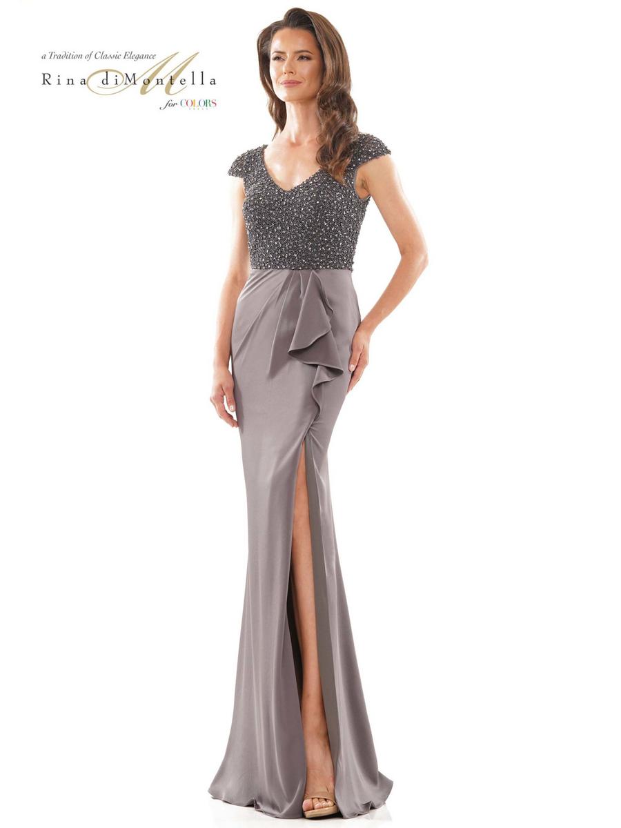 Colors Dress - V-Neck Mesh Beaded Bodice With Fit And Flare Skirt RD2779-1