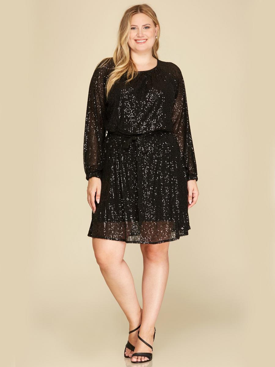 SHE AND SKY - Long Sleeve Sequin Flare Dress