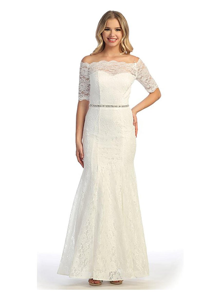 CINDY COLLECTION USA - Off Shoulder Lace Gown-Bead Belt 1636