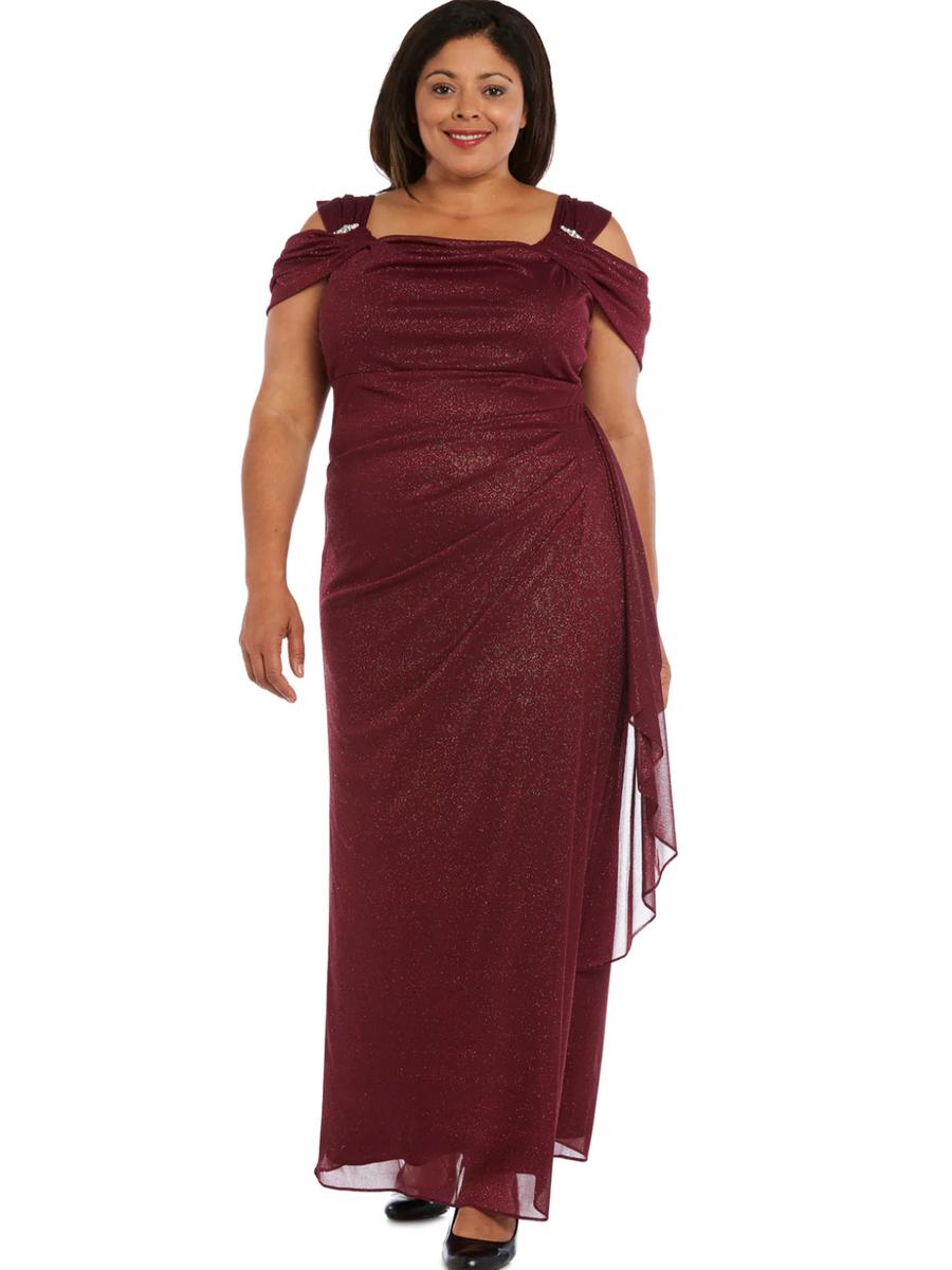 R & M Richards - Plus Size Metallic Cold-Shoulder Draped Gown 2061