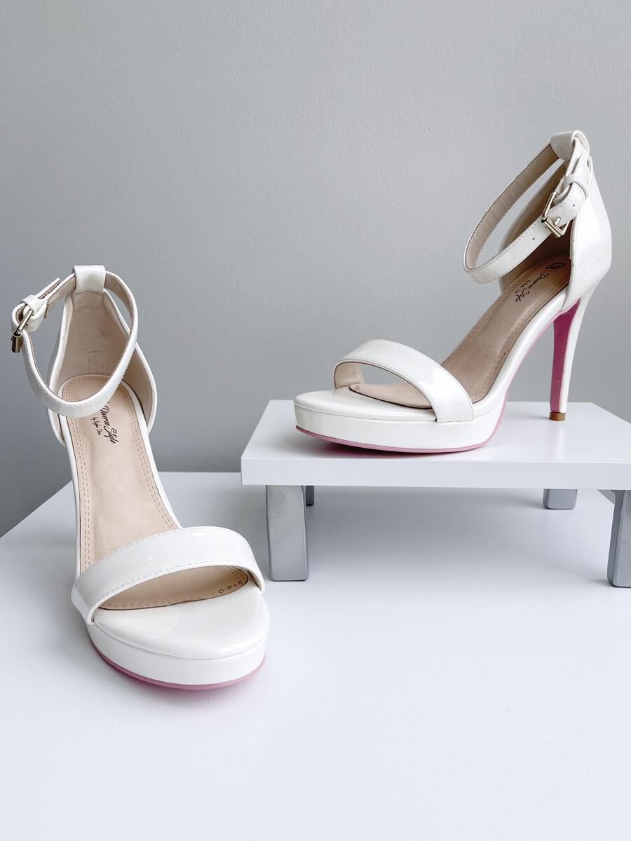 Ashley Rene's Exclusive White Shoe Pink Bottom Classic Ankle Strap Heel